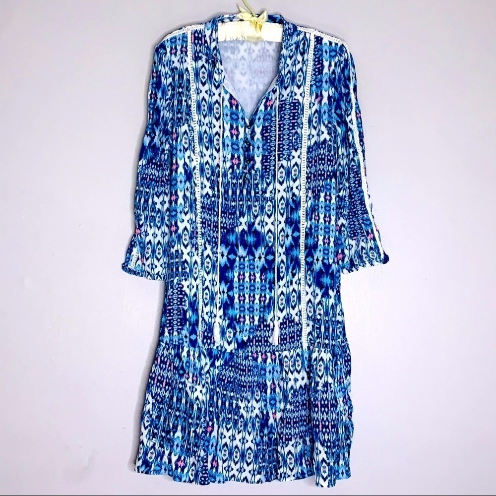 KAKTUS Bohemian long sleeve Tassel Midi tunic dress blue crush medium